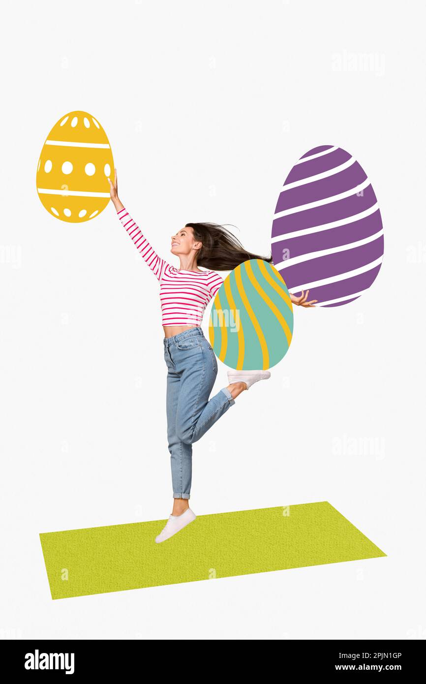 Vertical collage image of excited positive girl jump hold big easter painted eggs isolated on creative background Stock Photo