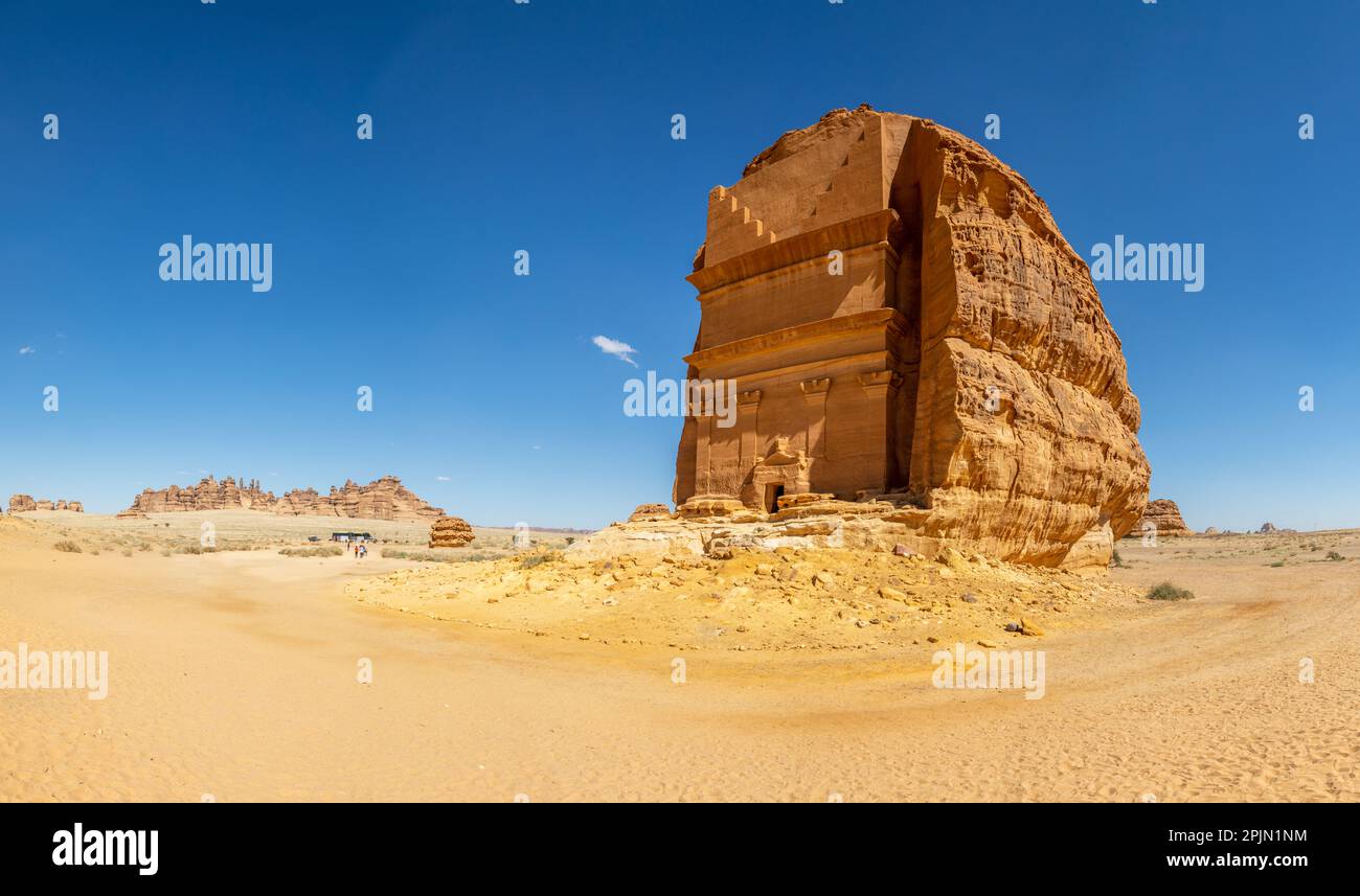 Tomb of Lihyan, son of Kuza carved in rock in the desert,  Mada'in Salih, Hegra, Saudi Arabia Stock Photo