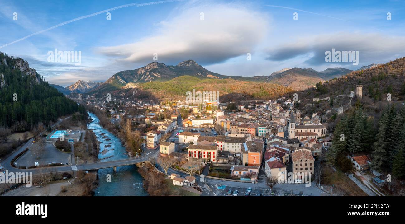 An aerial landscape view of the French village of Castellane in the Upper Verdon Gorge Stock Photo