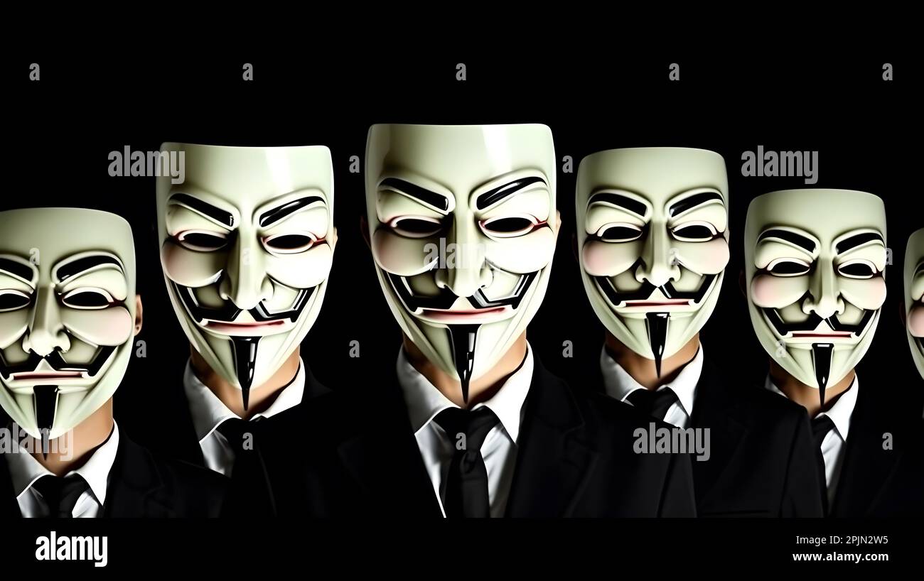 Hackers with anonymous masks. Concept of hacker group, organization or