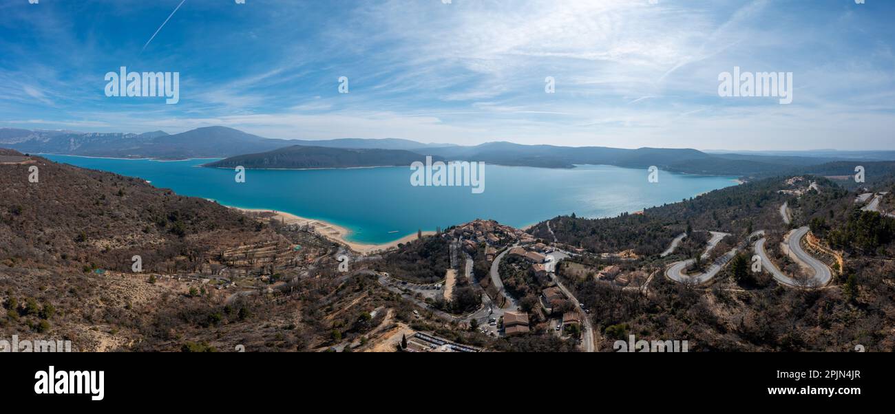 A drone panorama view of the lake and village of Sainte-Croix-du-Verdon in the Haute Provence refion of France Stock Photo