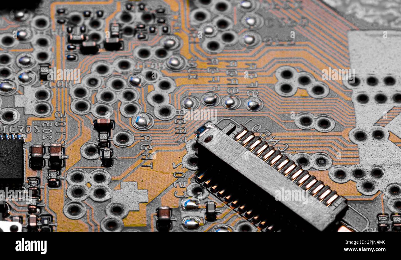 Macro Close up of printed wiring and components on PC circuit board ...