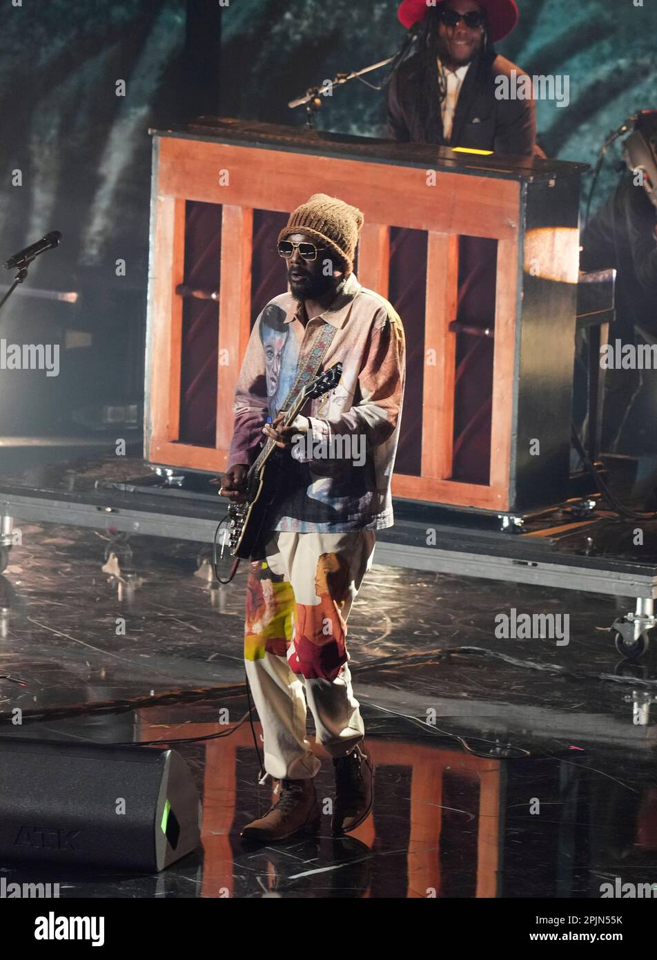 Austin guitarist and singer GARY CLARK JR. performs a tribute to another Austin guitarist, Stevie Ray Vaughn, onstage at the 2023 Country Music Television (CMT) Music Awards held for the first time in Austin, Texas on April 2, 2023 at the Moody Center before a sold out crowd. Credit: Bob Daemmrich/Alamy Live News Stock Photo