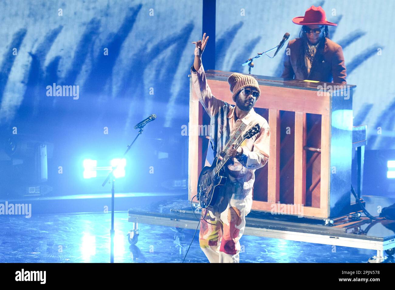 Austin guitarist and singer GARY CLARK JR. performs a tribute to another Austin guitarist, Stevie Ray Vaughn, onstage at the 2023 Country Music Television (CMT) Music Awards held for the first time in Austin, Texas on April 2, 2023 at the Moody Center before a sold out crowd. Credit: Bob Daemmrich/Alamy Live News Stock Photo