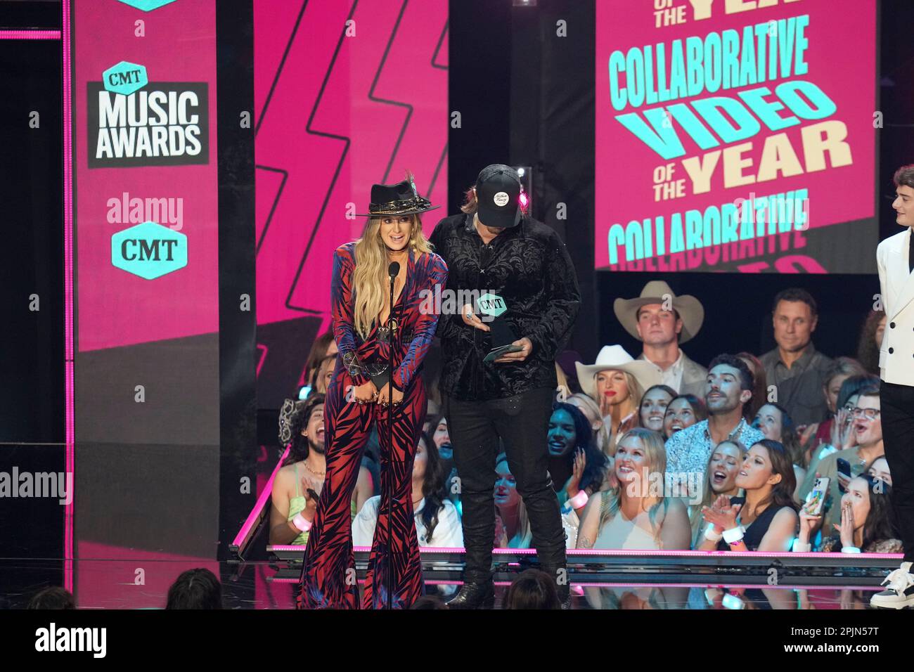 Presenter and singers LAINEY WILSON and HARDY receive an award onstage at the 2023 Country Music Television (CMT) Music Awards held for the first time in Austin, Texas on April 2, 2023 at the Moody Center before a sold out crowd. Credit: Bob Daemmrich/Alamy Live News Stock Photo