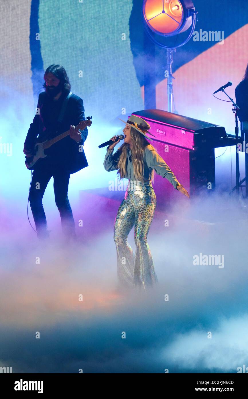 Singer LAINEY WILSON performs onstage at the 2023 Country Music Television (CMT) Music Awards held for the first time in Austin, Texas on April 2, 2023 at the Moody Center before a sold out crowd. Credit: Bob Daemmrich/Alamy Live News Stock Photo