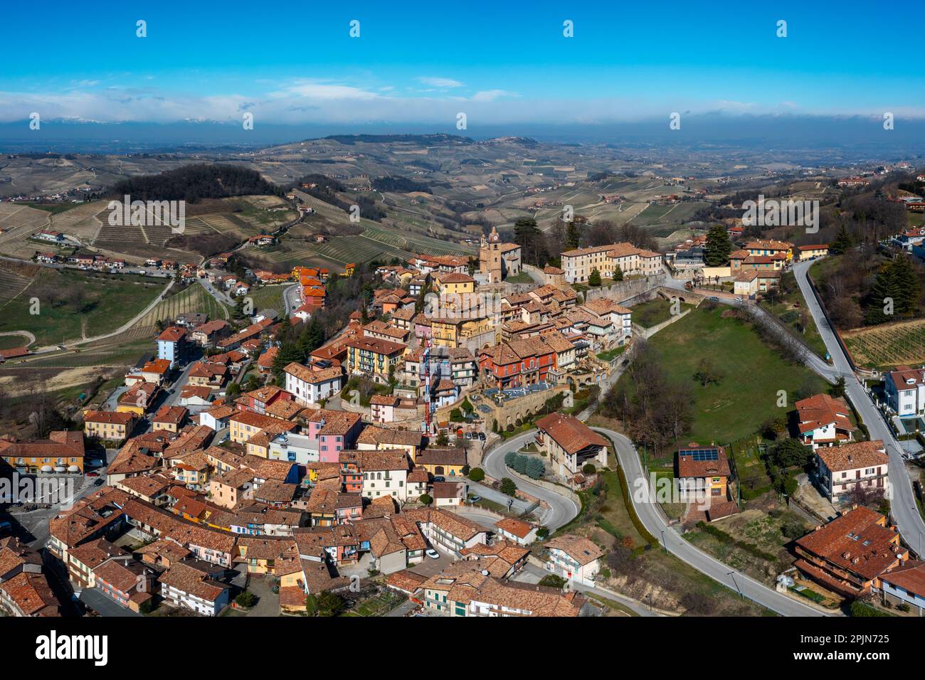 Montforte d'Alba, Italy: 10 March, 2023: view of the picturesque village of Montforte d'Alba in the Barolo wine region of the Italian Piedmont Stock Photo