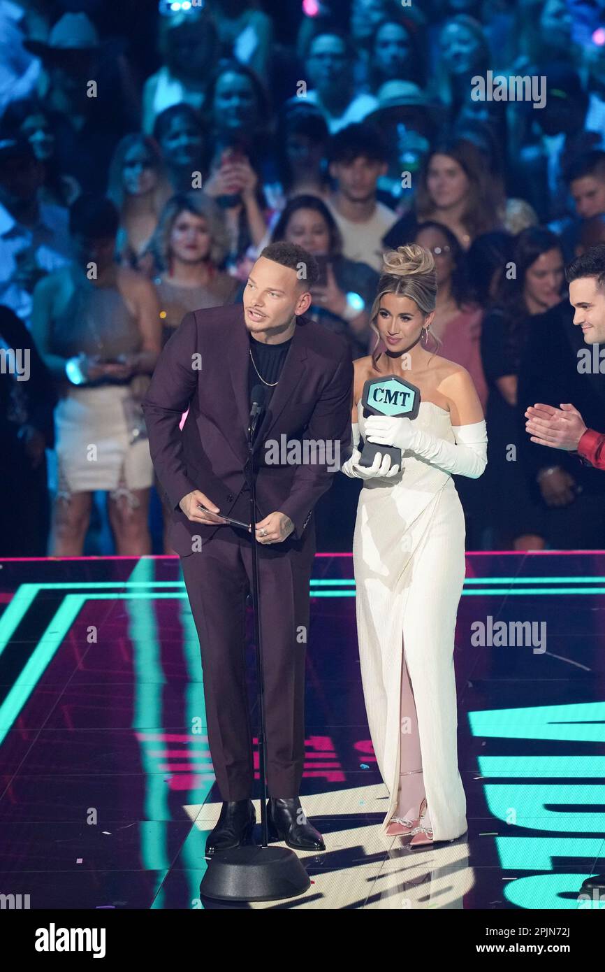 Award winners singers KANE BROWN (l) and wife KAITLYN BROWN onstage at the 2023 Country Music Television (CMT) Music Awards held for the first time in Austin, Texas on April 2, 2023 at the Moody Center before a sold out crowd. Credit: Bob Daemmrich/Alamy Live News Stock Photo