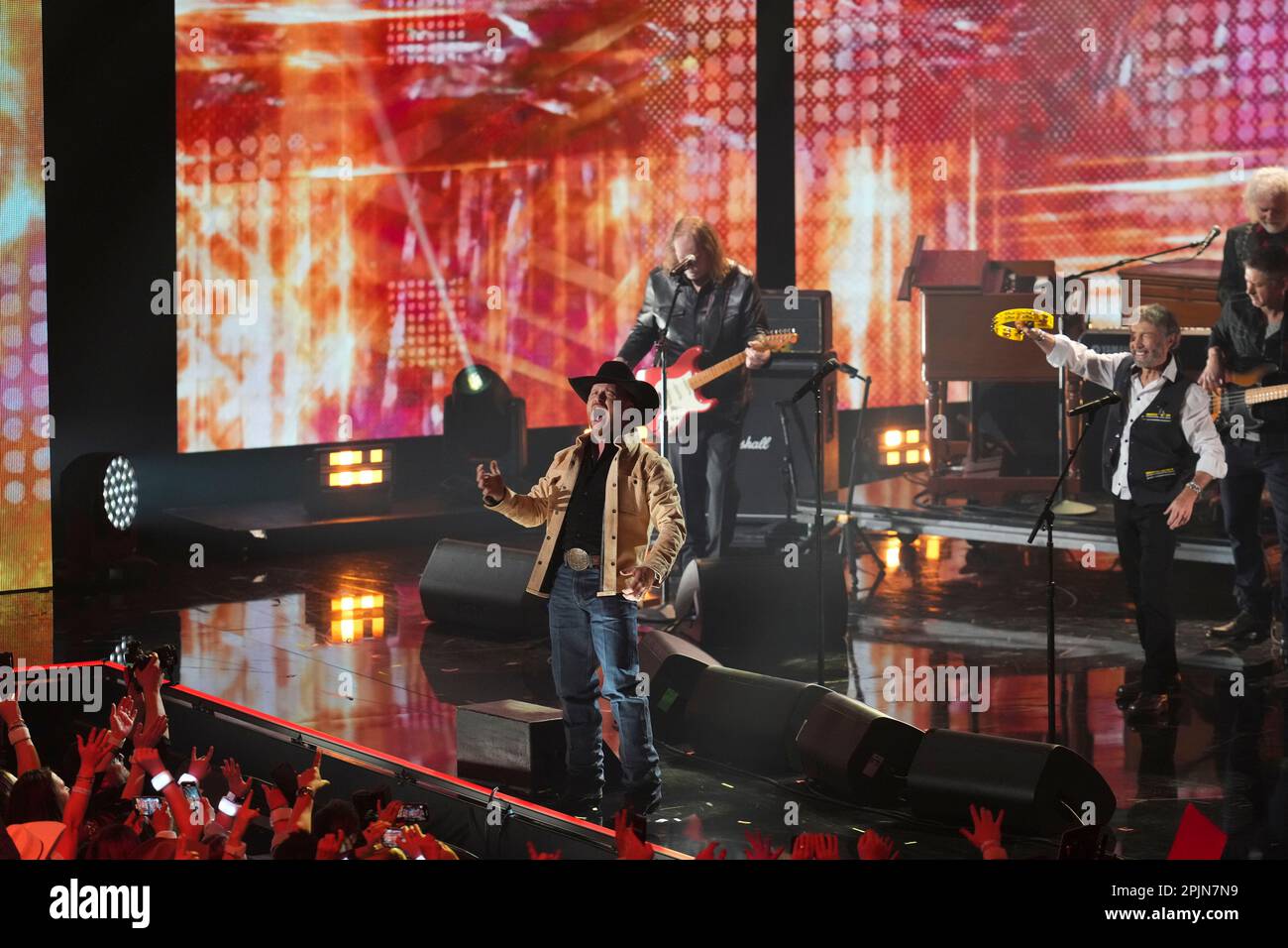 A Lynyrd Skynyrd tribute finale featuring CODY JOHNSON, PAUL RODGERS, and WARREN HAYNES at the 2023 Country Music Television (CMT) Music Awards held for the first time in Austin, Texas on April 2, 2023 at the Moody Center before a sold out crowd. Credit: Bob Daemmrich/Alamy Live News Stock Photo