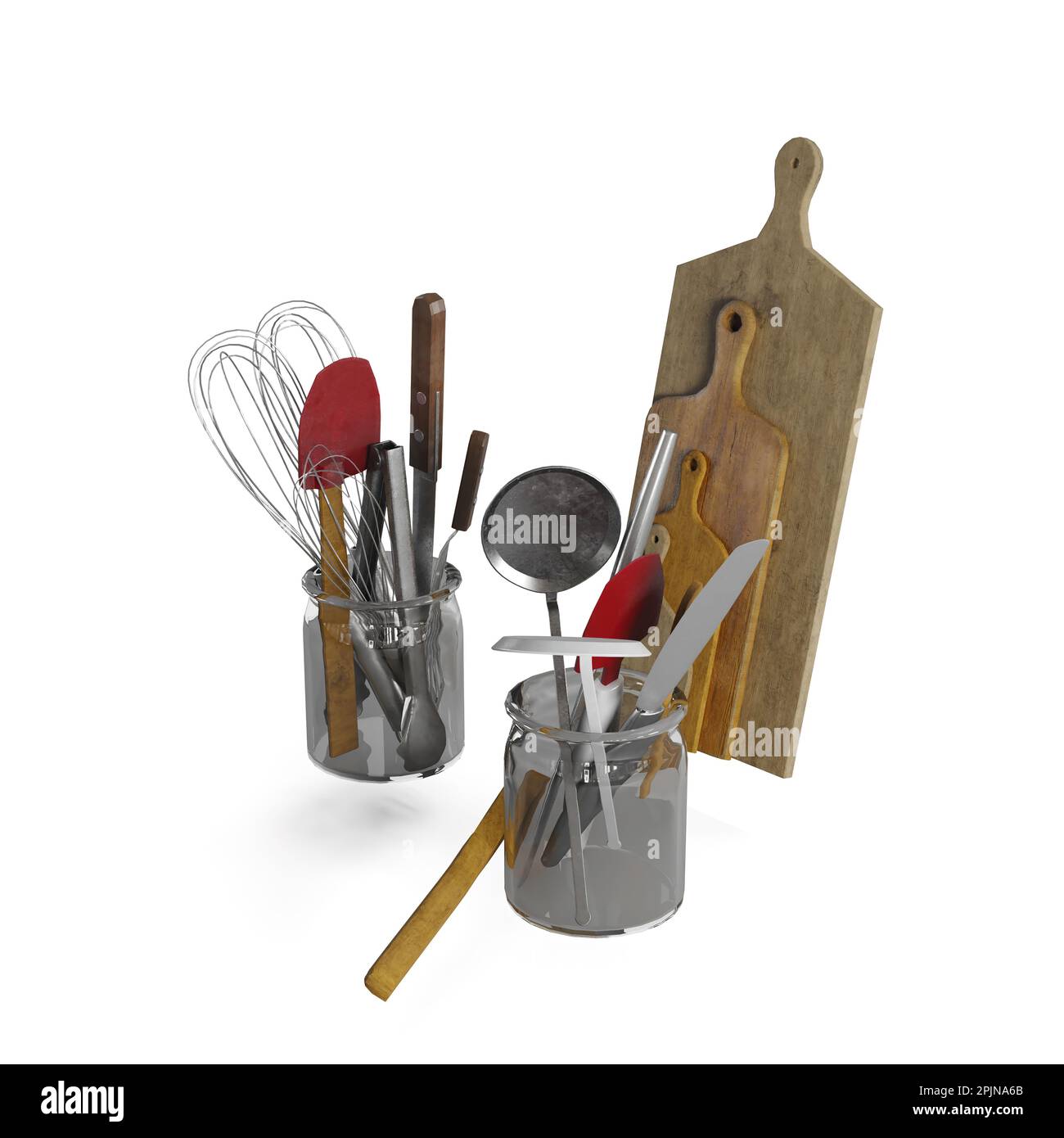 A 3d rendering of tidy kitchen utensil holder made of metal, featuring a range of cooking tools Stock Photo
