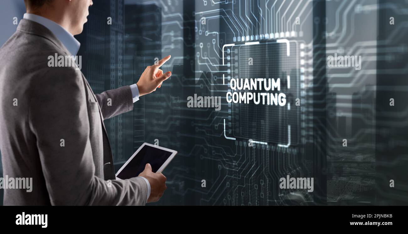 Quantum computing concept. The inscription on the processor icons. Clicking on the virtual screen. Stock Photo