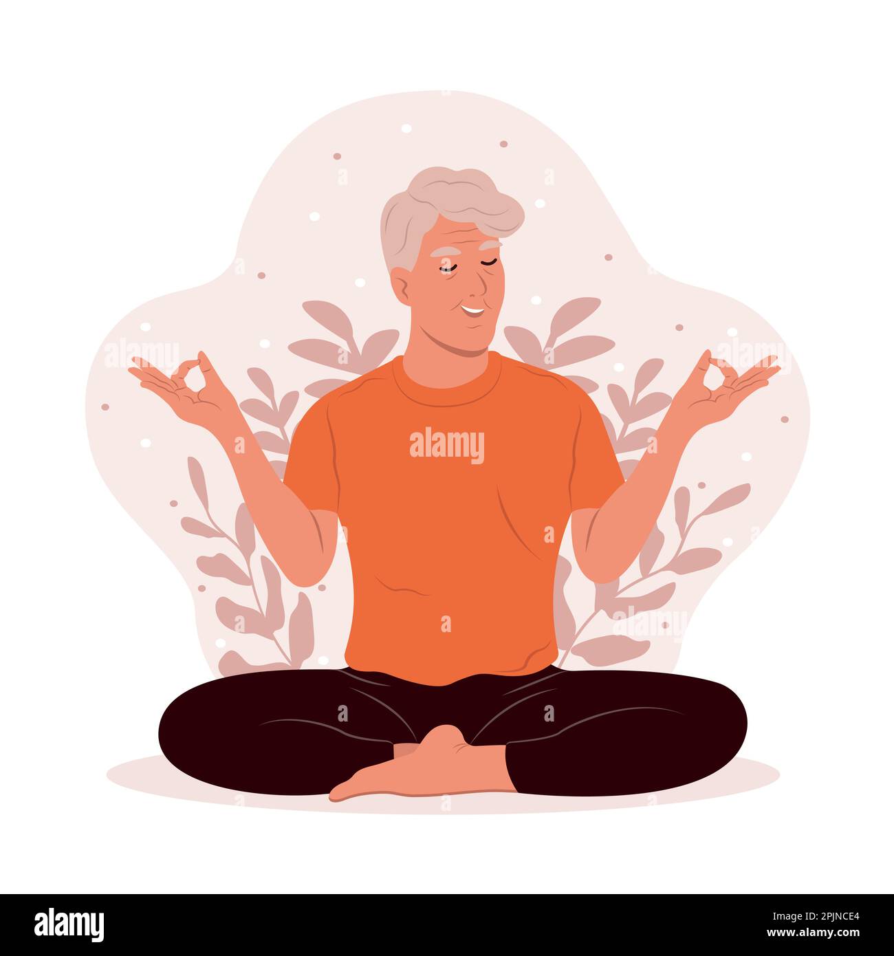 Elderly man with closed eyes meditating in yoga lotus posture. Stress