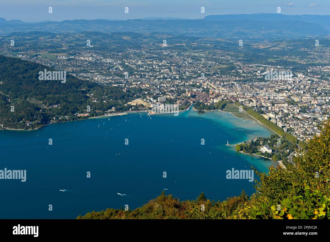 View from Mont Veyrier across Lake Annecy, Lac d'Annecy, and to the town of Annecy, Haute-Savoie, France Stock Photo