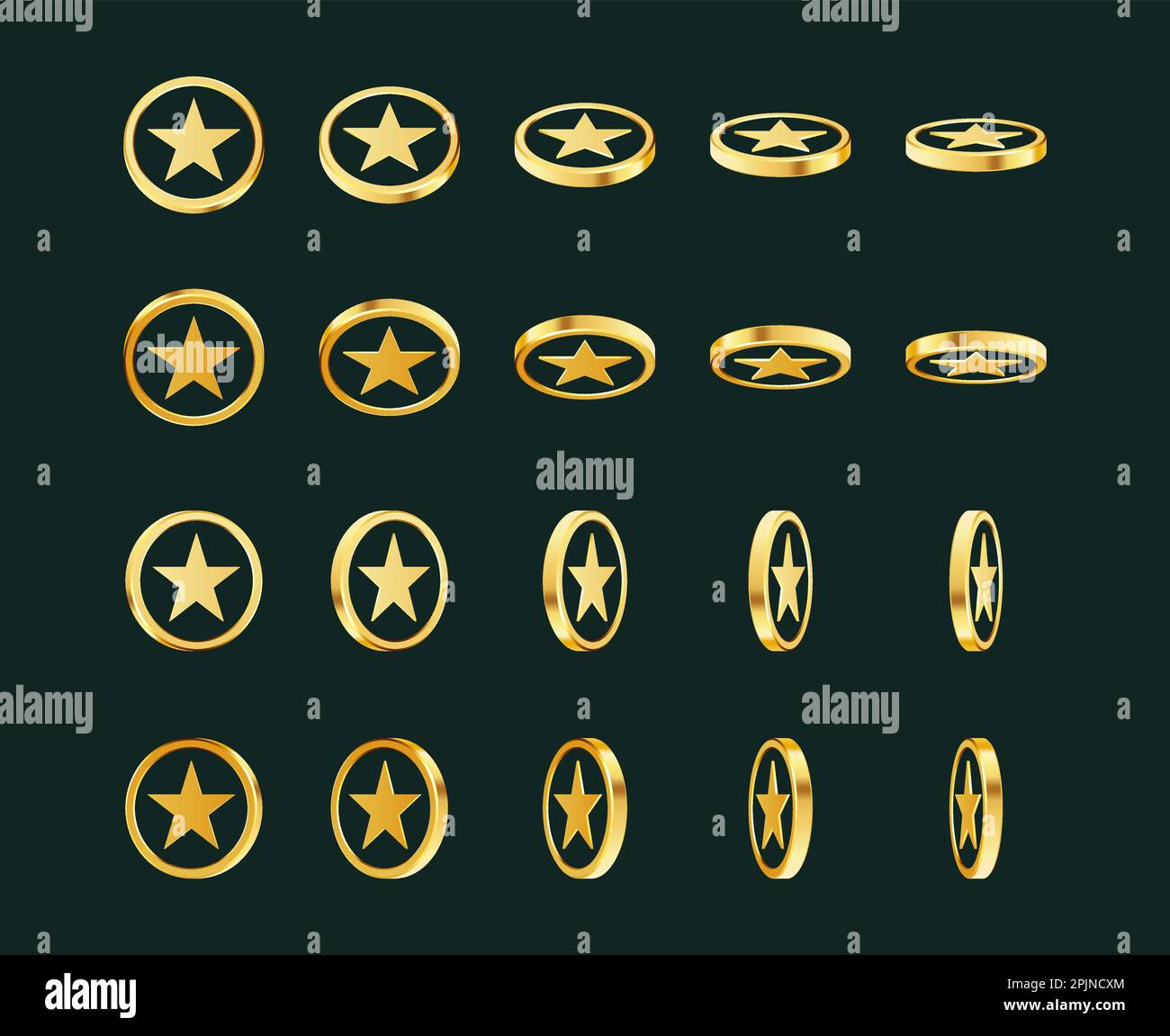 Set of rotating gold coins with star sign. Award coins. Golden money ...