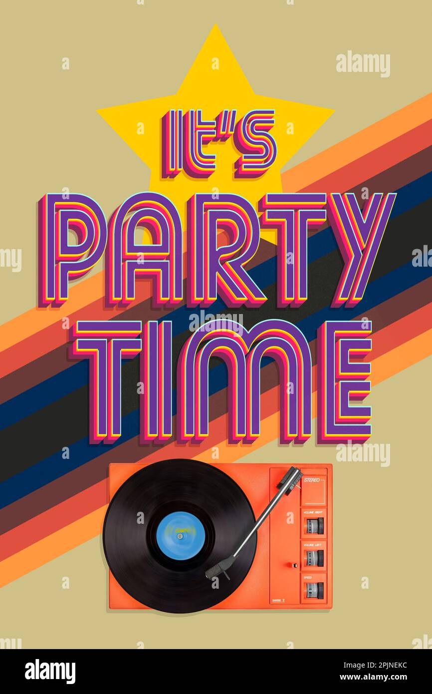 Retro styled eighties illustration with text it's party time and record player Stock Photo