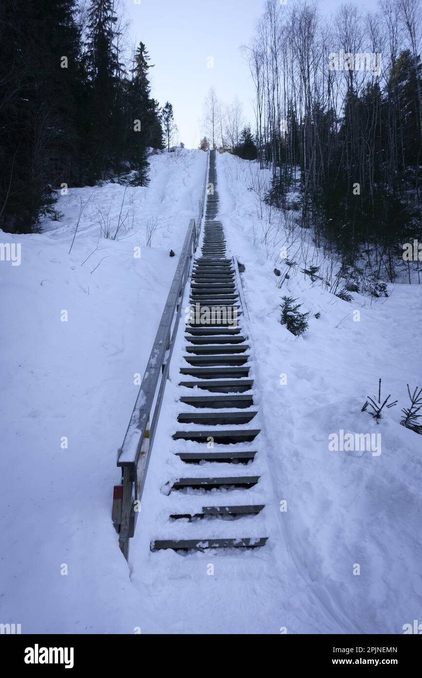 Aurinkovuori fitness stairs in winter. Vaaksy, Asikkala, Finland. Stock Photo