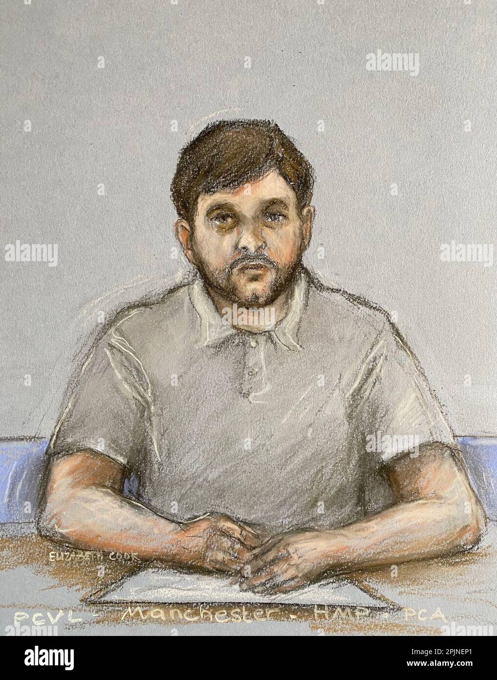 File photo dated 17/02/23 of a court artist sketch by Elizabeth Cook of Thomas Cashman appearing via video link at Liverpool Crown Court. Cashman has been jailed for a minimum of 42 years, for murdering nine-year-old Olivia Pratt-Korbel and injuring her mother, Cheryl Korbel, 46, at their family home in Dovecot, Liverpool, on August 22 last year. Issue date: Monday April 3, 2023. Stock Photo