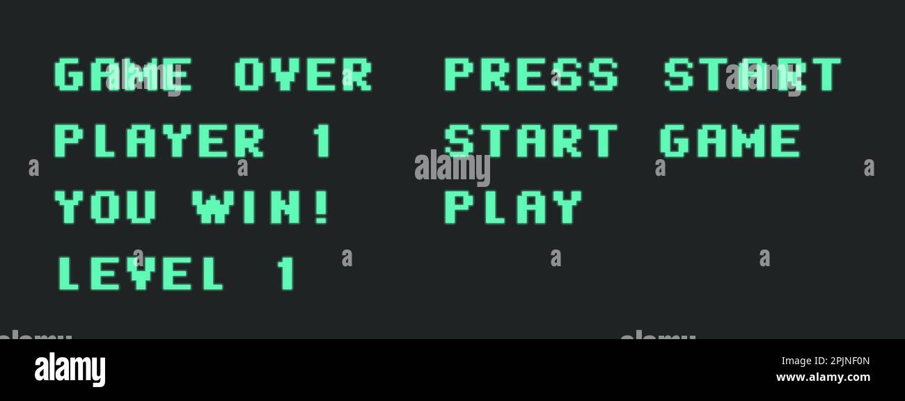 Set of retro video game words like game over, player 1, press