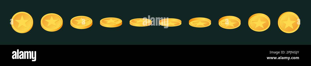 Set of rotating gold coins with star sign. Award coins. Golden money ...
