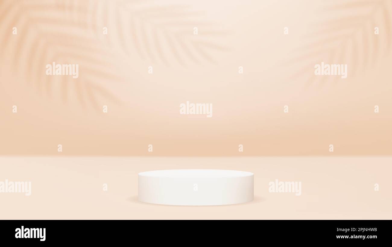 Single stages or cylinder platforms, pedestals on cream background. Palm leaves on the wall. Leaf blurred overlays. Cream, sepia, pastel colors. Three Stock Vector