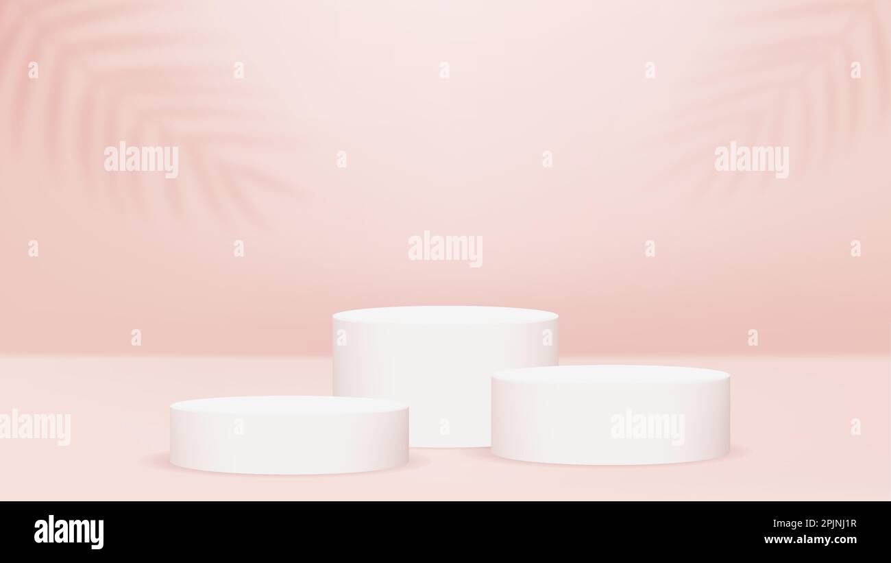 Three cylinder platforms or pedestals on pink stage. Palm leaves on the ...