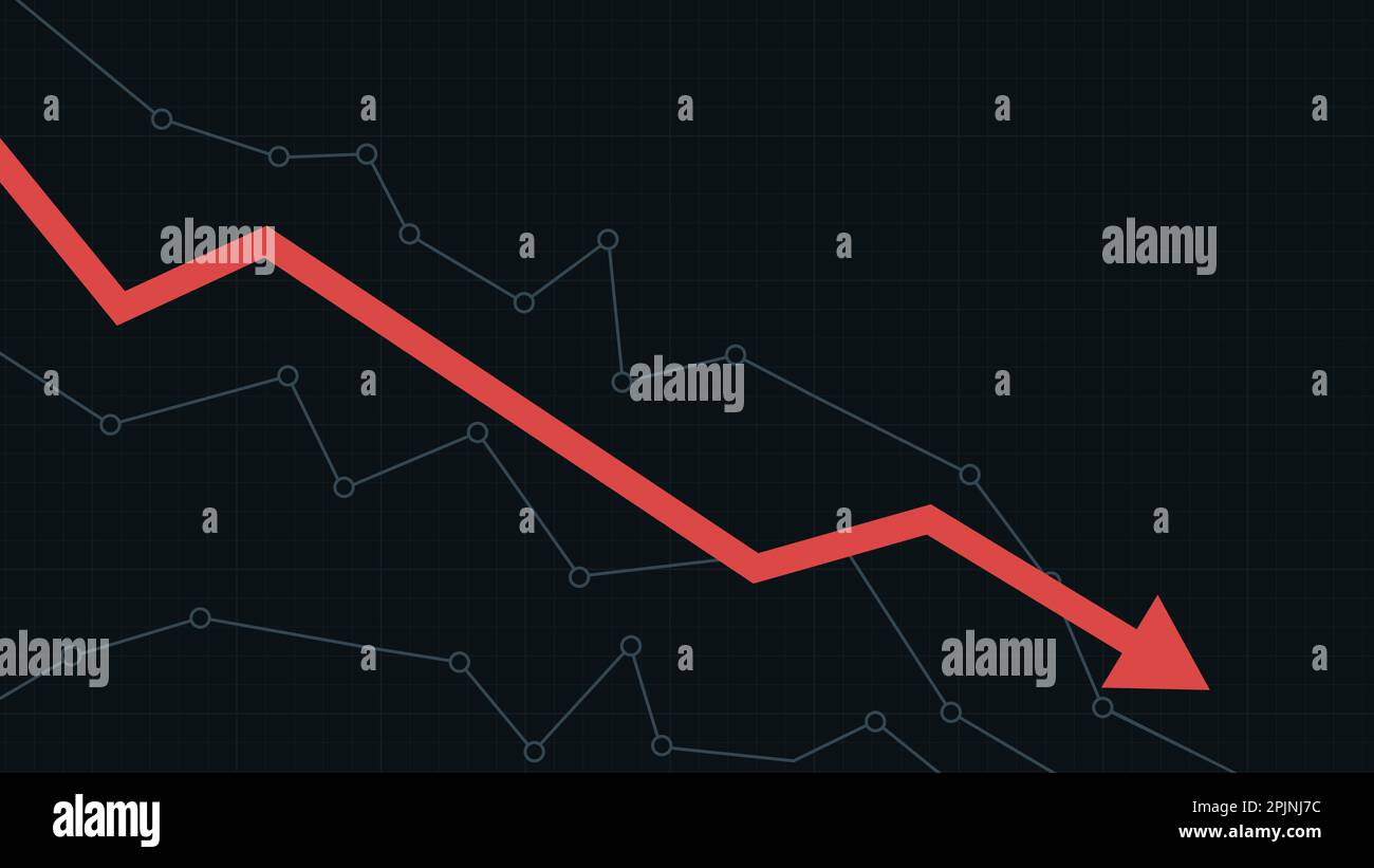 Stock market chart. Financial falling line graph. Red descending arrow