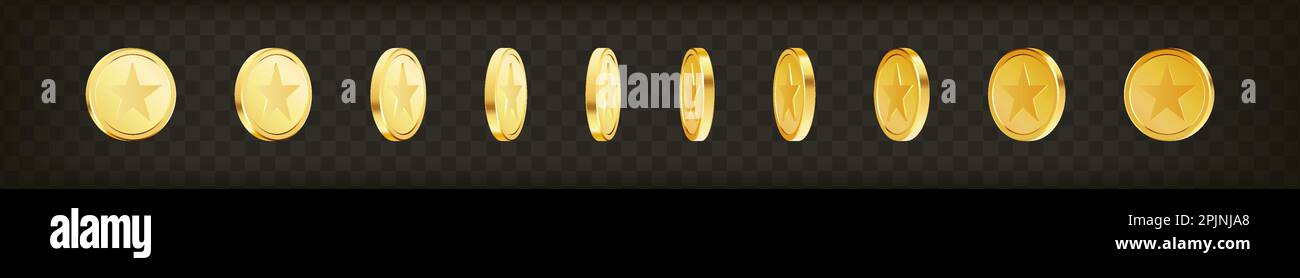 Set of rotating gold coins with star sign on transparent background ...
