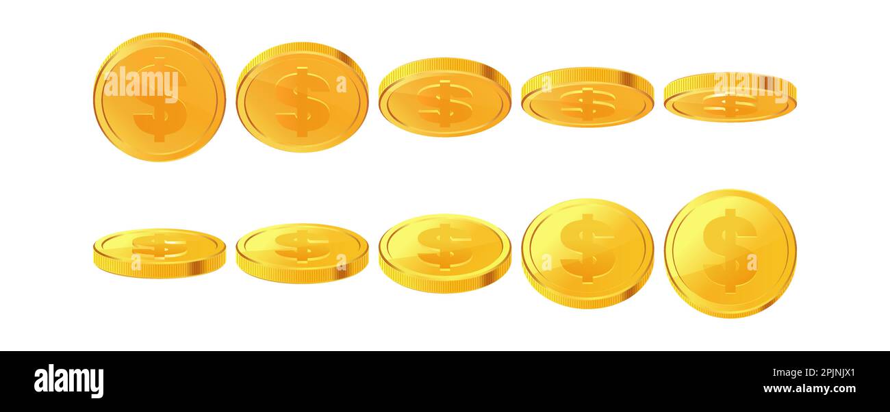 Set of rotating gold coins with dollar currency sign. 3d dollar coins ...