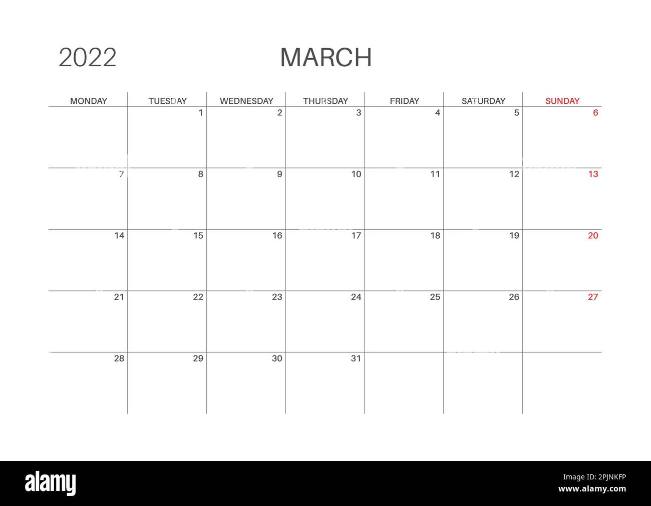 Calendar 2022. March month. Monday week start. Printable calendar