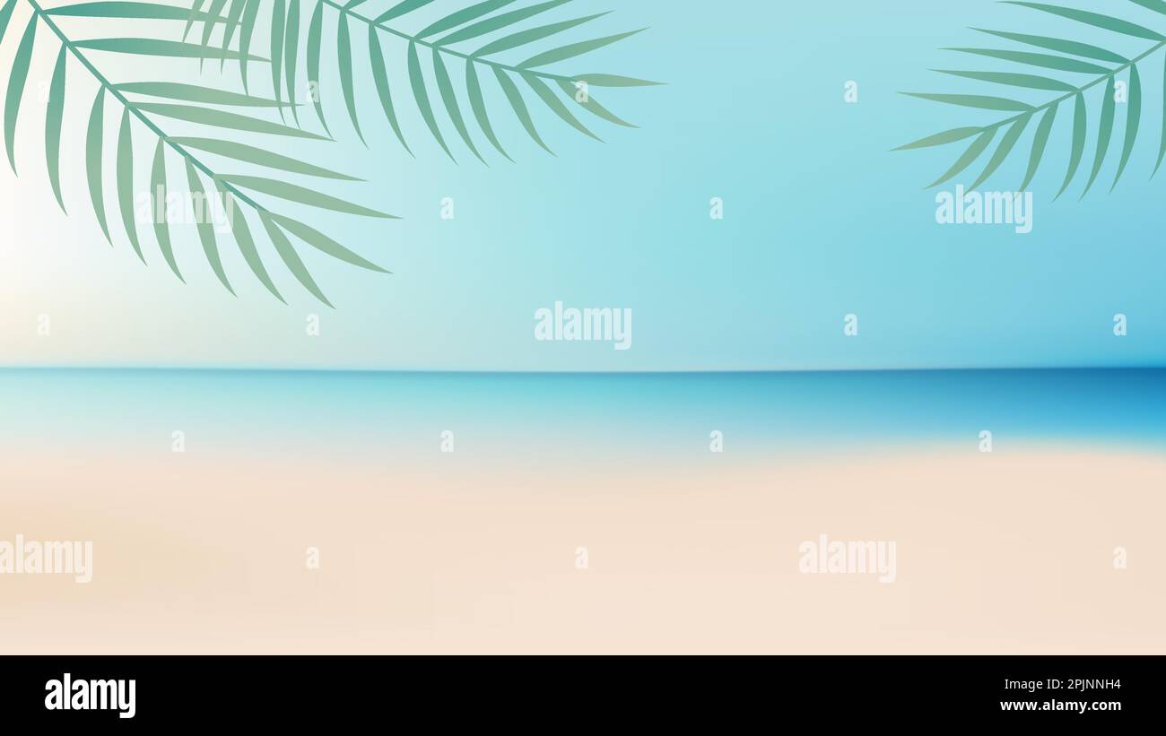 Ocean background with sand beach and clear sky. Tropical palm tree leaves on the front. Applicable as summer vacation banner or background. Vector ill Stock Vector