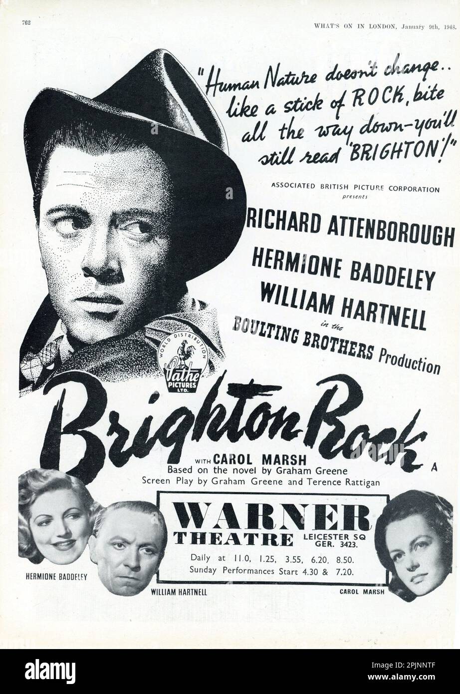 RICHARD ATTENBOROUGH HERMIONE BADDELEY WILLIAM HARTNELL and CAROL MARSH in BRIGHTON ROCK 1947 director JOHN BOULTING novel Graham Greene screenplay Graham Green and Terence Rattigan producer Roy Boulting Charter Film Productions / Pathe pictures Ltd. / Associated British Picture Corporation (ABPC) Stock Photo