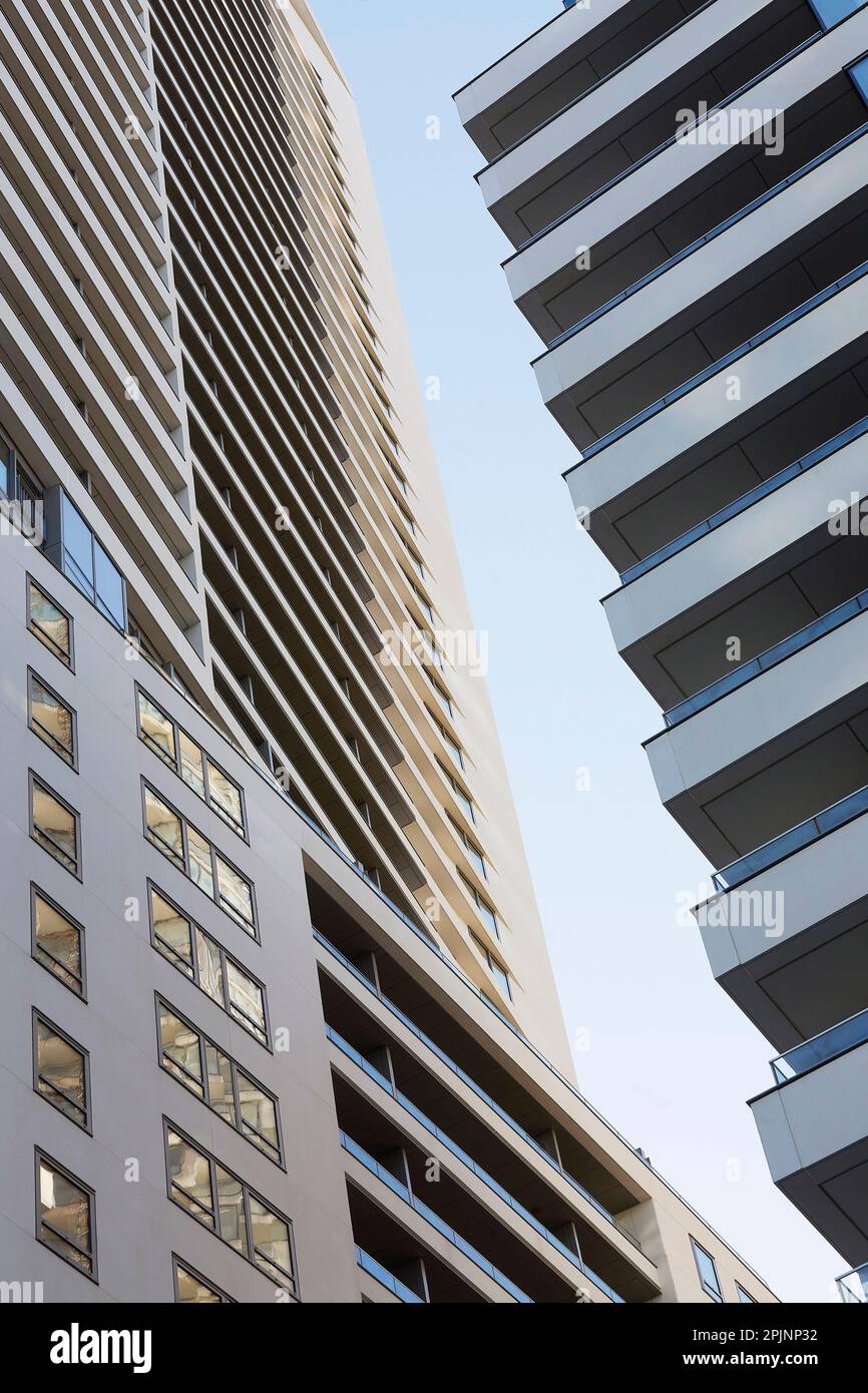 Juxtaposition of facades. Wood Wharf, London, United Kingdom. Architect: Stanton Williams, 2021. Stock Photo