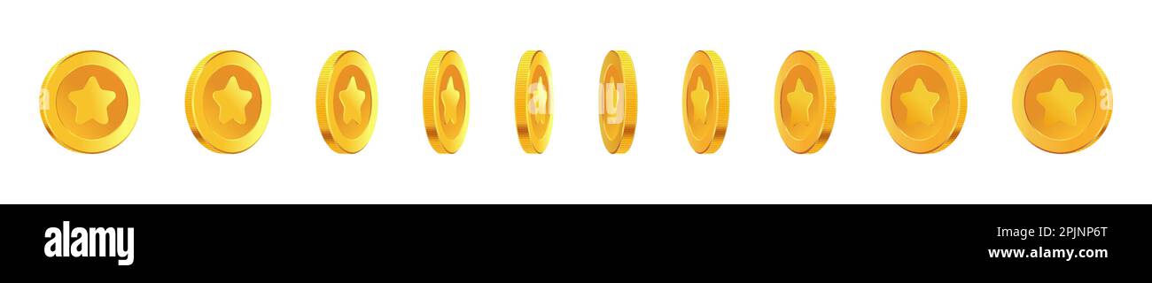 Set of rotating gold coins with star inside. Golden money set ...