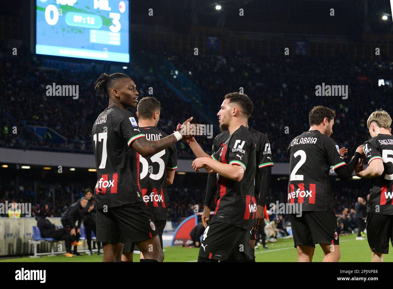 Rafael Leao of AC Milan celebrates with teammates after scoring during ...