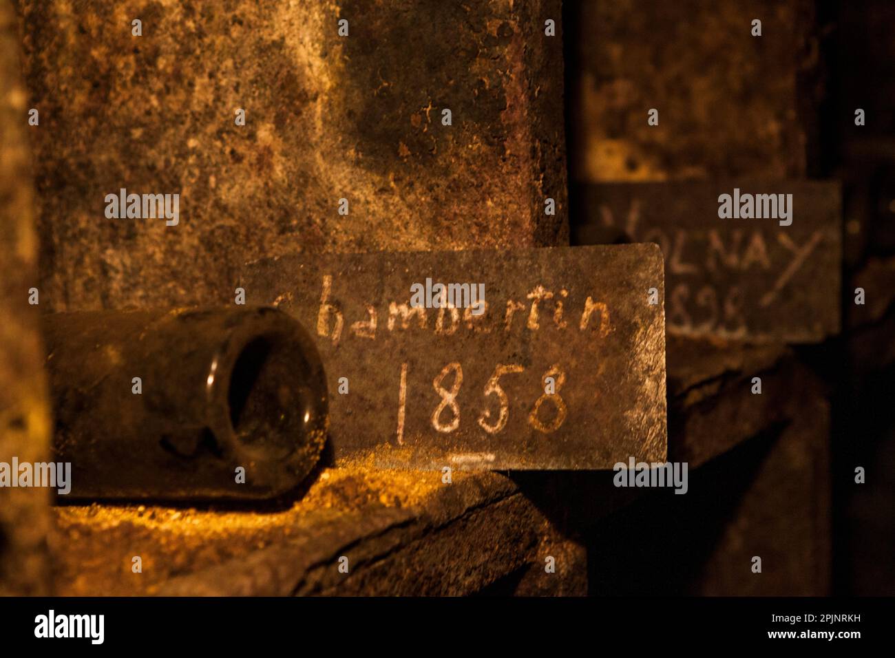 chamberetin bottle of 1858 in a wincellar in burgundy Stock Photo