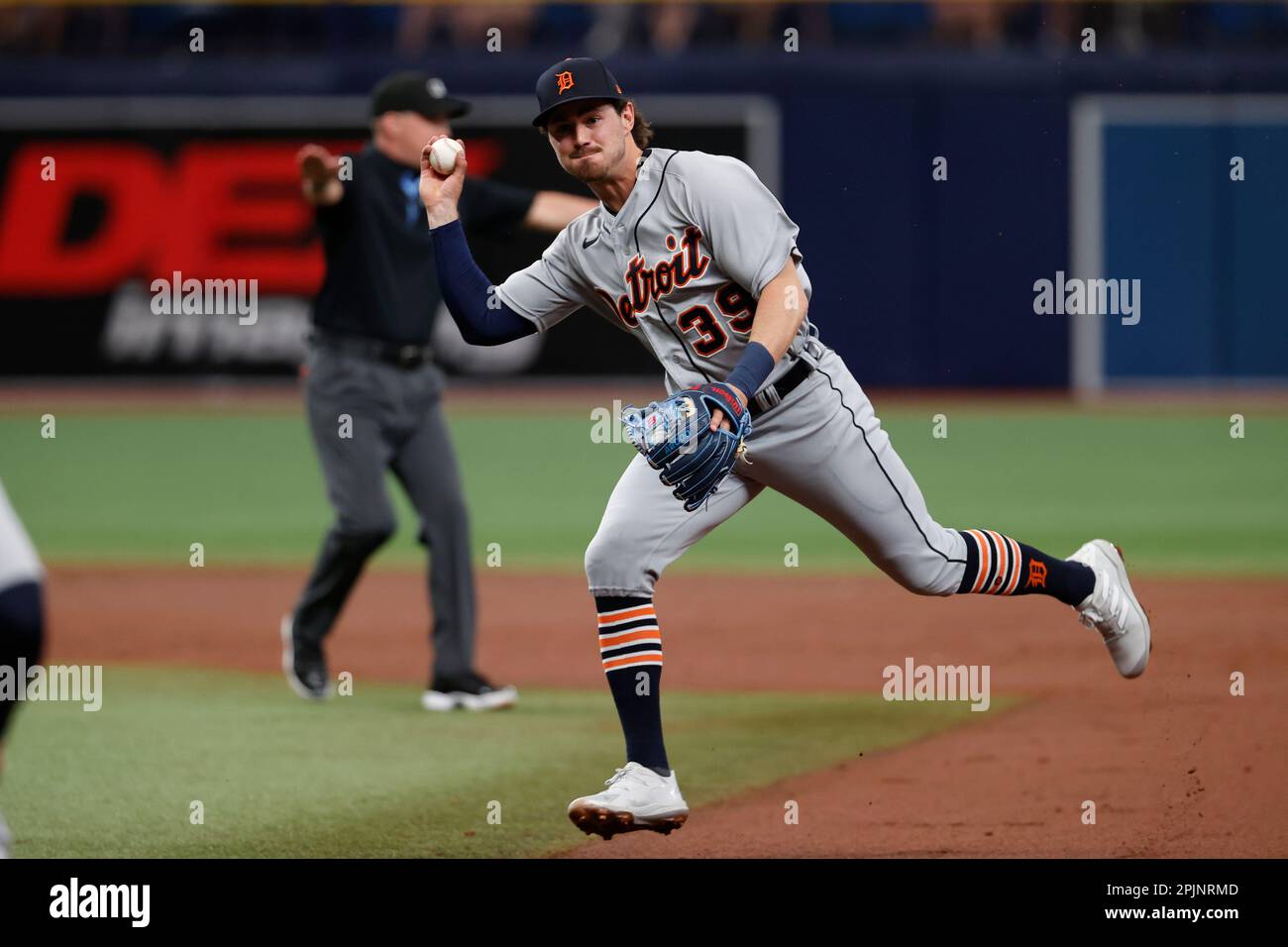 Detroit Tigers' Zach McKinstry throws to first base during a baseball game  against the Tampa Bay Rays Saturday, April 1, 2023, in St. Petersburg, Fla.  (AP Photo/Scott Audette Stock Photo - Alamy