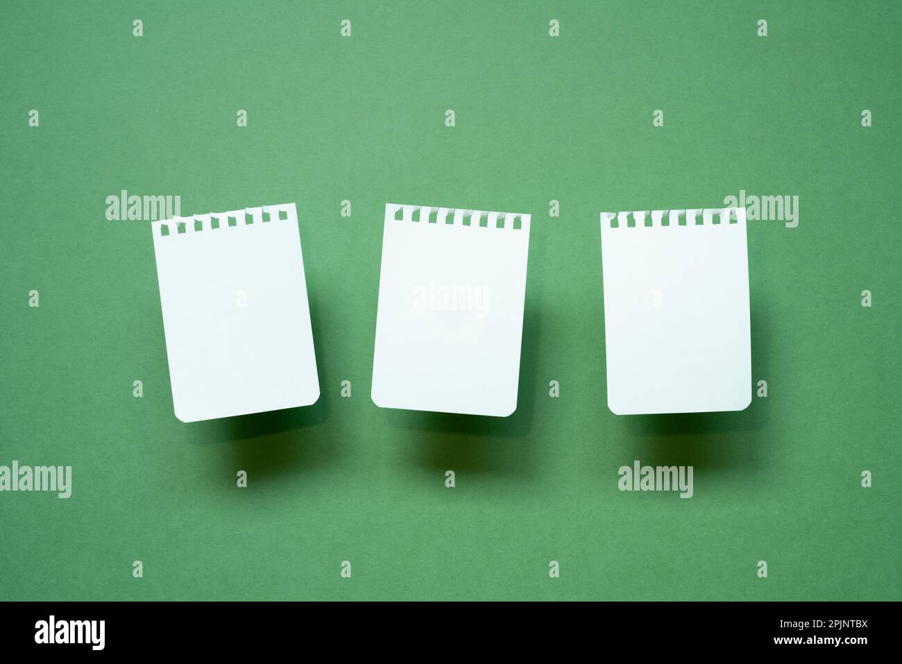 Torn white paper note sheet isolated on green desk. copy space Stock