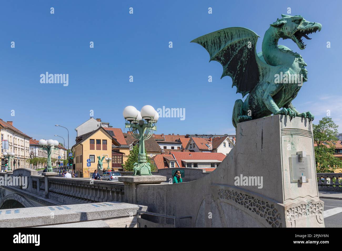 Ljubljana, Slovenia.  Bronze Dragon on the Art Nouveau Dragon Bridge.  The Ljubljana Dragon is the city symbol.  The bridge was designed by architect Stock Photo