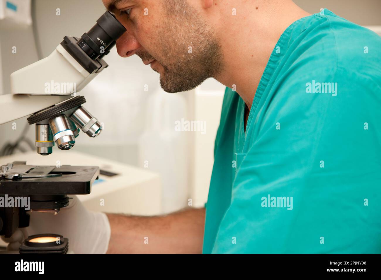 Lab technician looking into microscope Stock Photo Alamy