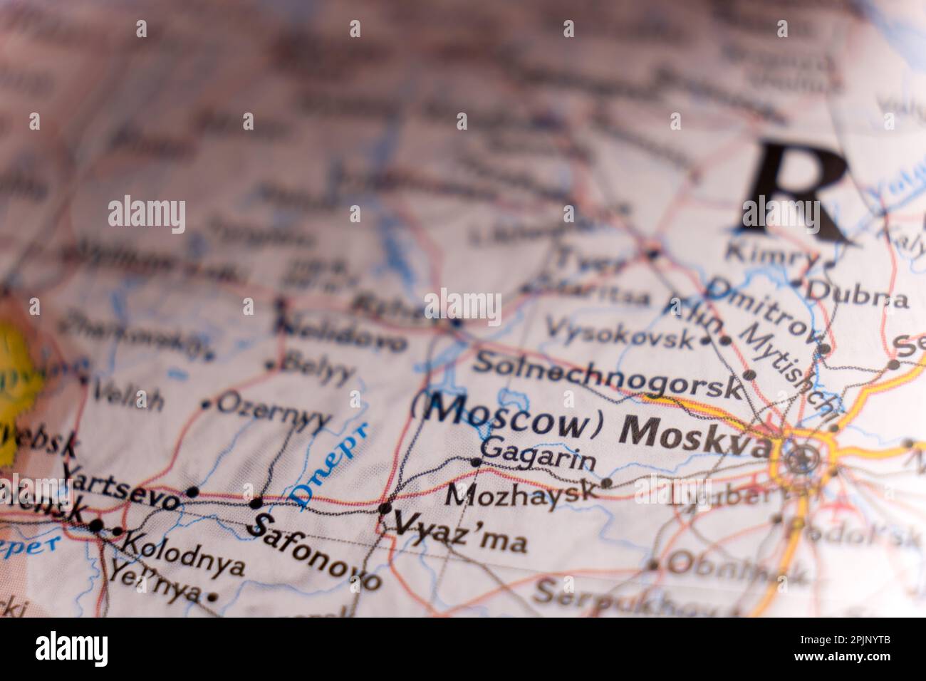 Focus on foreground of road map showing Moscow, Russia  Stock Photo