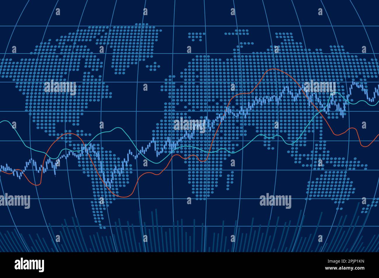 World stock market index graph. Candlestick chart, line graph and bar chart. Stock market growth illustration. Financial market background. Blue color Stock Vector