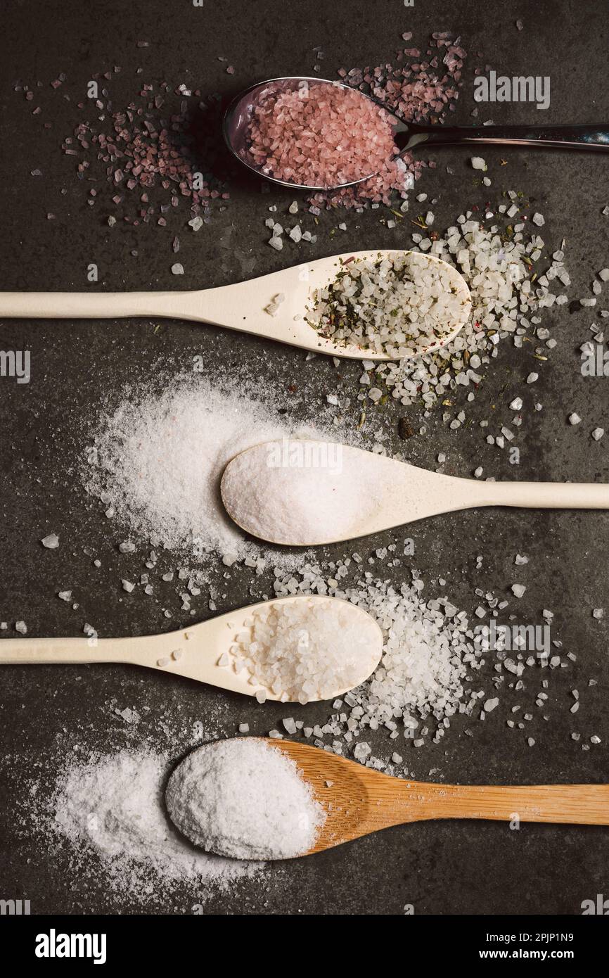 Different types of salt. Sea, himalayan and regular table salt Stock