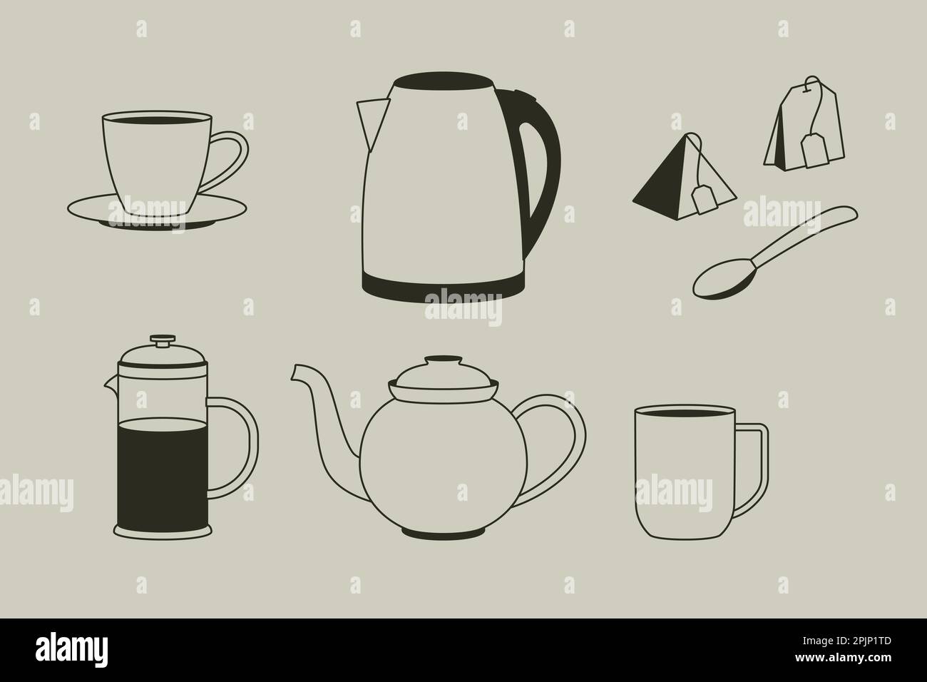 Set of appliances for tea brewing and drinking. Kettle, brewer, teapot, mug and cup. Empty and full french press. Outline vector illustration Stock Vector