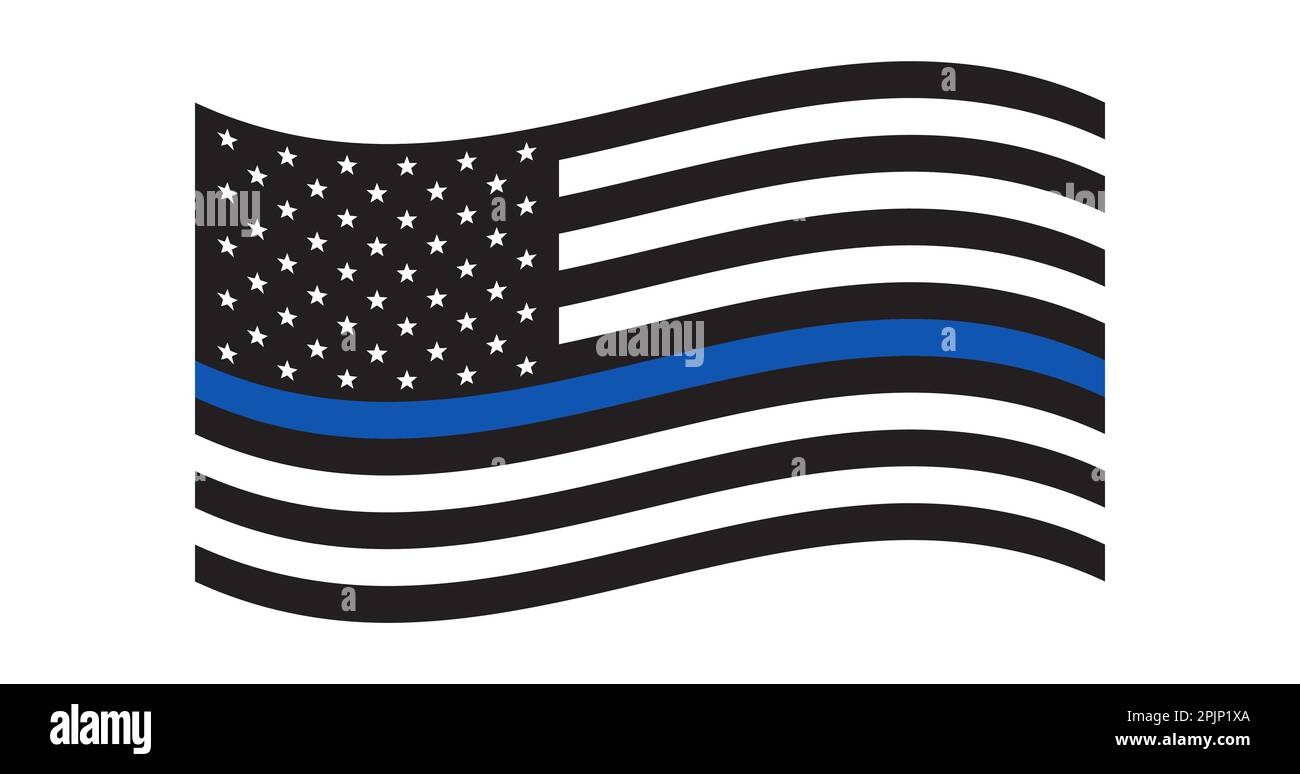 Black and white US Flag with thin blue line. US police flag. Wave. Patriotic symbol. USA. Vector