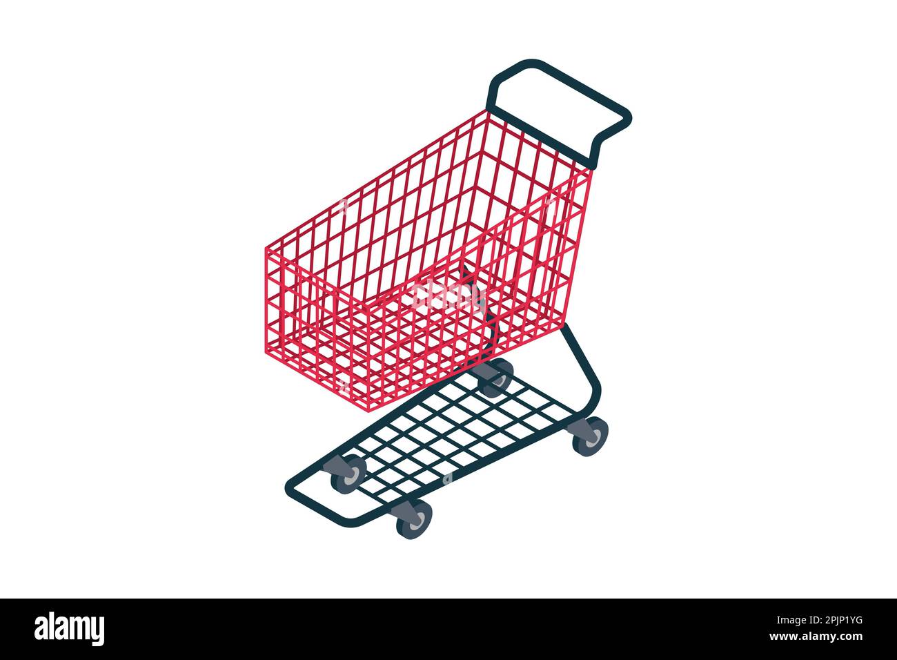 Isometric wire shopping cart. Empty red colored pushcart or shopping cart on isolated background. Isometric trolley cart. Vector illustration Stock Vector