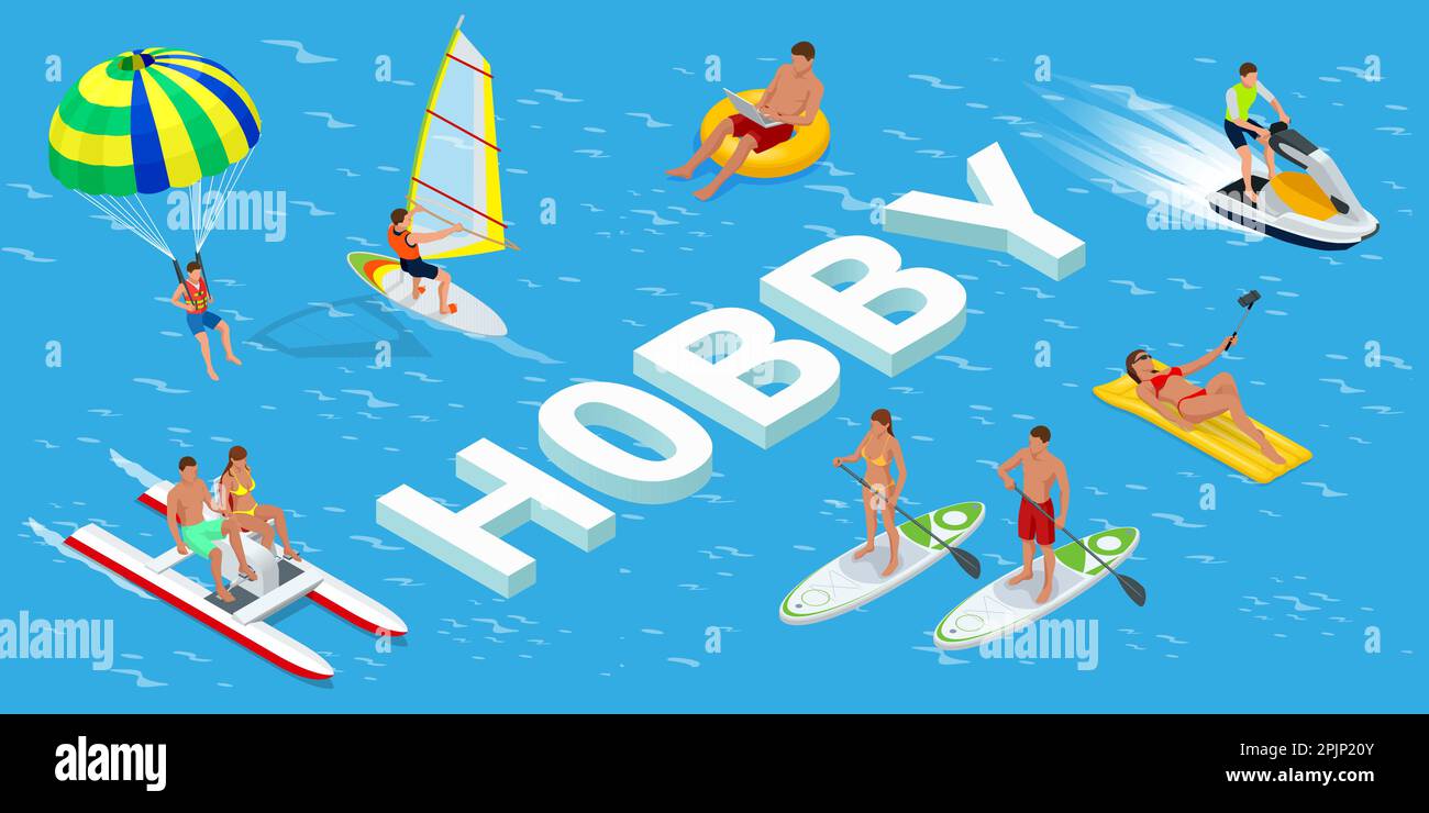 Isometric Hobby concept. Sports. Surfer on Blue Ocean Wave. Fun in the ocean, Extreme Sport, water skiing. Active summer vacations with paddle board Stock Vector