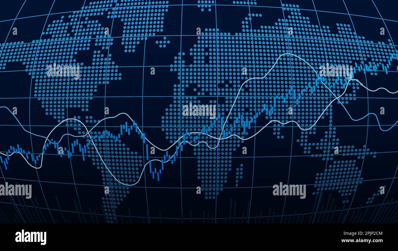 World stock market index graph. Candlestick chart, line graph and bar