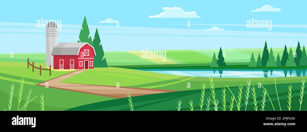 Cartoon cute sunny rural scene with red barn and hangar tower, country road through wheat fields with round haystacks, countryside farmland. Farm house in village spring landscape vector illustration. Stock Vector