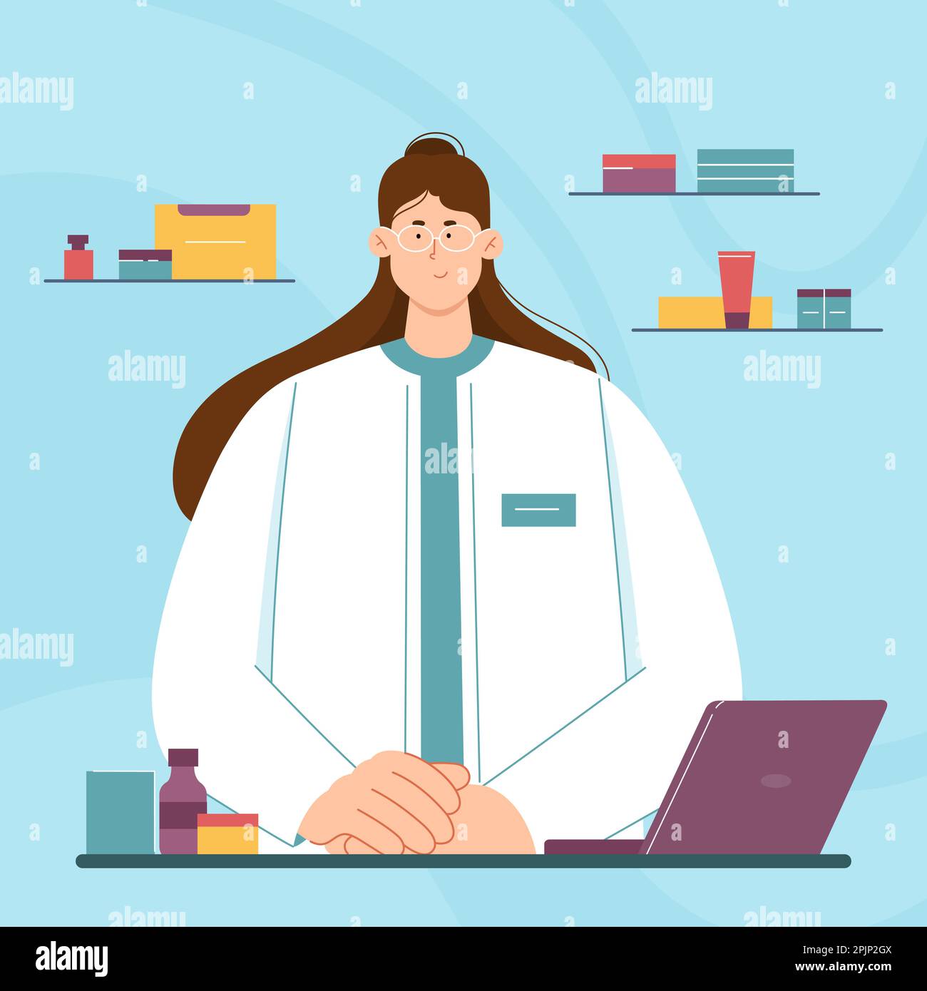 Cartoon woman selling pills in modern medical shop interior with medications, vitamins, drugs on shelves and computer. Pharmacy store with pharmacist standing at drugstore counter vector illustration. Stock Vector