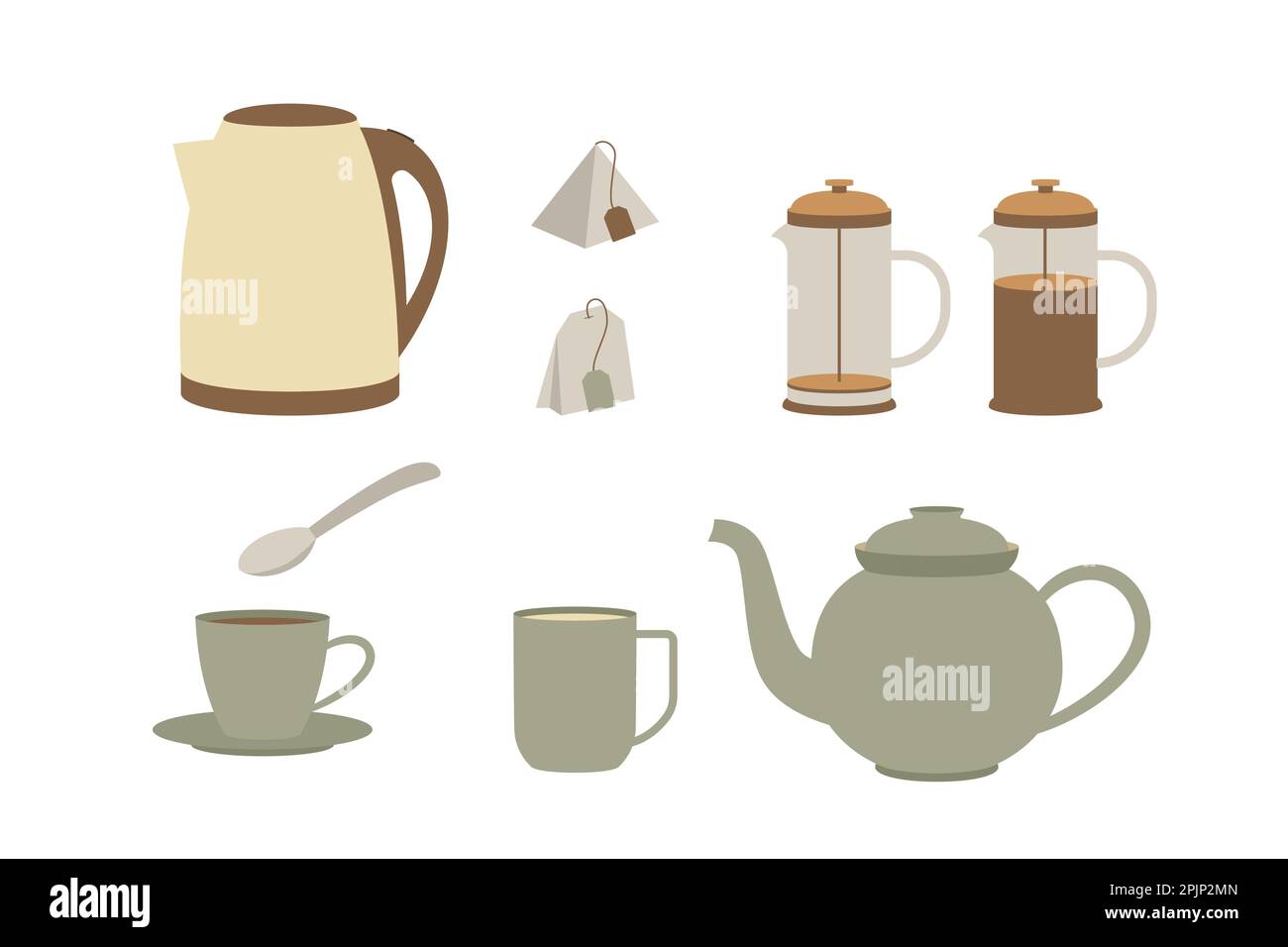 Set of appliances for tea brewing and drinking. Kettle, brewer, teapot, mug and cup. Empty and full french press. Flat vector illustration Stock Vector
